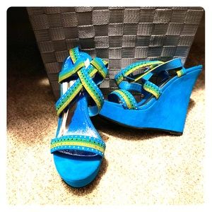 Turquoise faux suede wedge heels